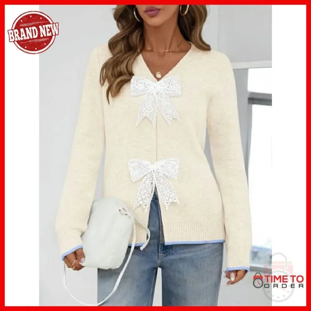 Women's Tie Front Bow Cardigan Chunky Knit V-Neck Long Sleeve Sweater